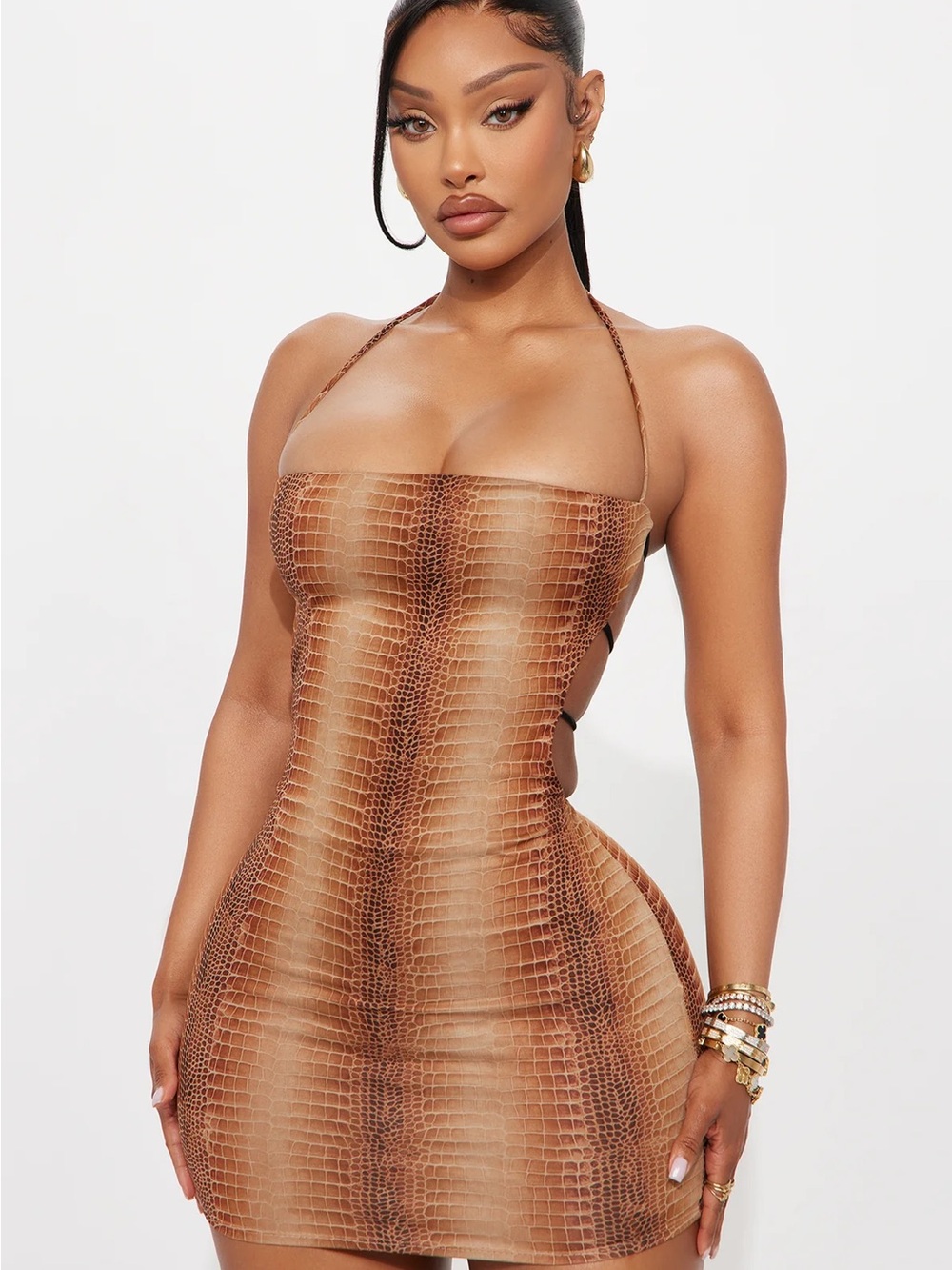 Fashion Nova Tan Croc-Print Halter Mini Dress